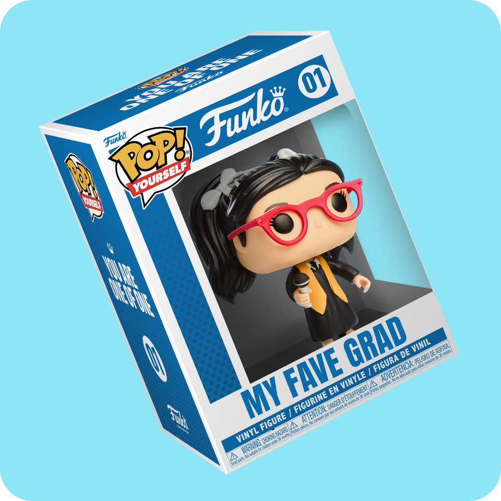Light Blue background with Funko POP! Yourself vinyl figure in packaging